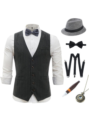 Chaleco de hombre a rayas gris oscuro con conjunto de accesorios de 5 piezas